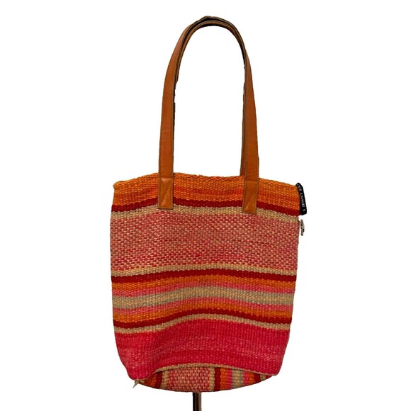 JENNY KRAUSS Wool Knit Shoulder TOTE Beach Book Bag BOHO Pink Orange Red Striped - Picture 1 of 7